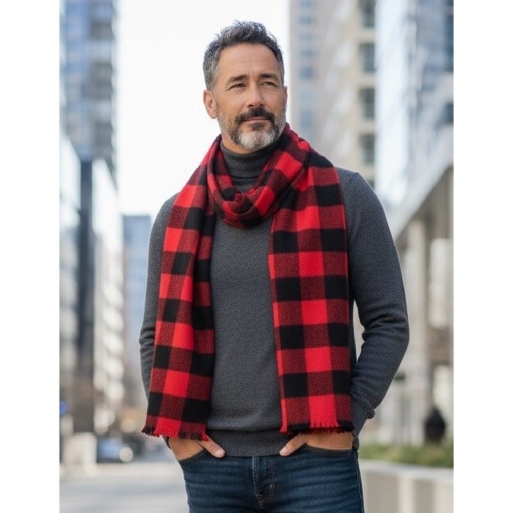Land's End Men's Classic Oblong Scarf Plaid Red/Black Check Knit 15 X 68 NWT